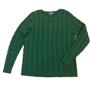 New Lands' End Youth Large Green Cable Knit Waffle Crewneck Sweater